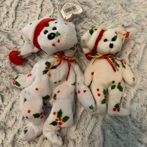 Ty 1998 Holiday Teddy with matching Teenie Beanie with holly berry Design
